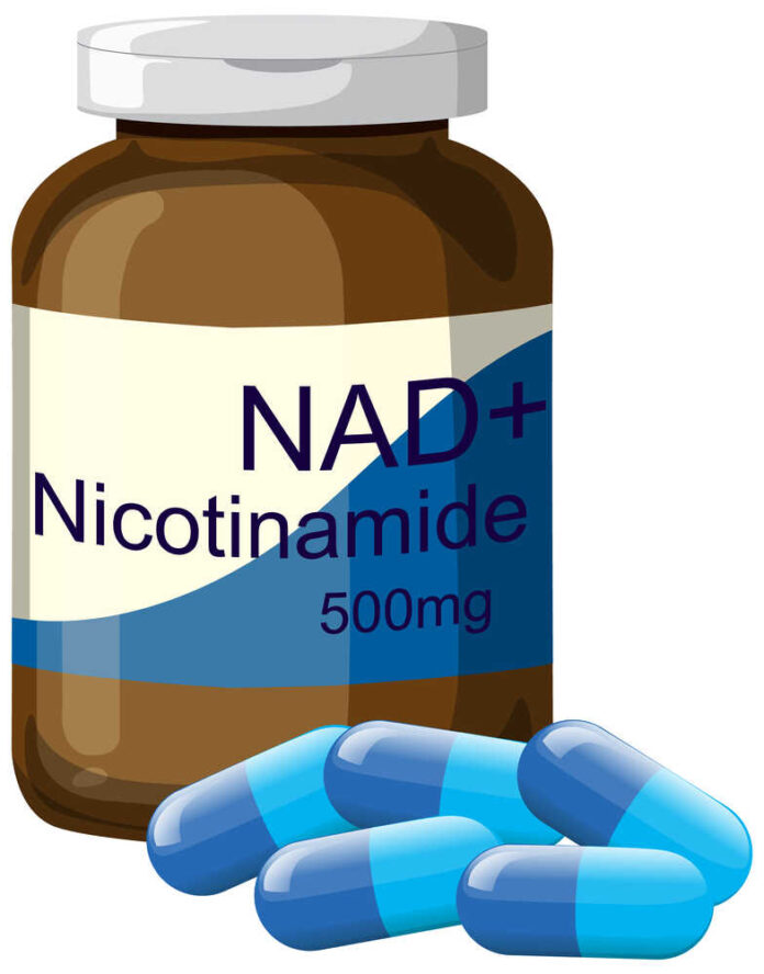 NAD Plus Nicotinamide Supplement Bottle with Blue Capsules
